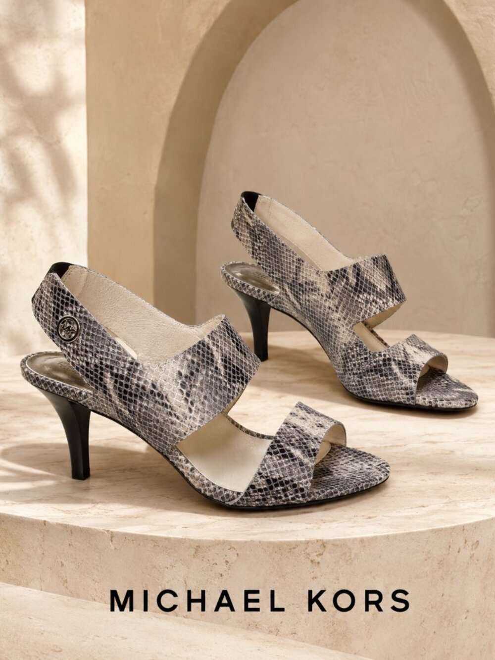Michael Kors Snake Print Slingback Heels 8.5 Open Toe Leather Pumps Sandals